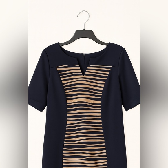 Connected Apparel Navy Blue Dress 14 Slit Neck Stretch Tan Front Panel Classic - Picture 4 of 5